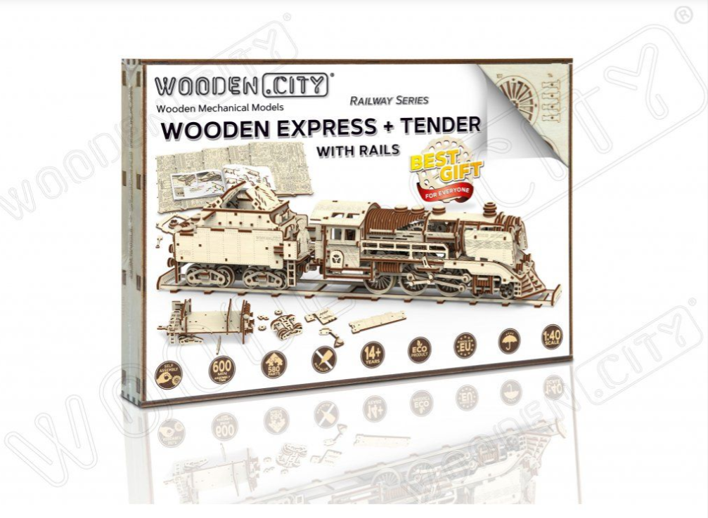 WOODEN CITY 3D puzzle Drevený Express s tendrem a koľajami 580 ks